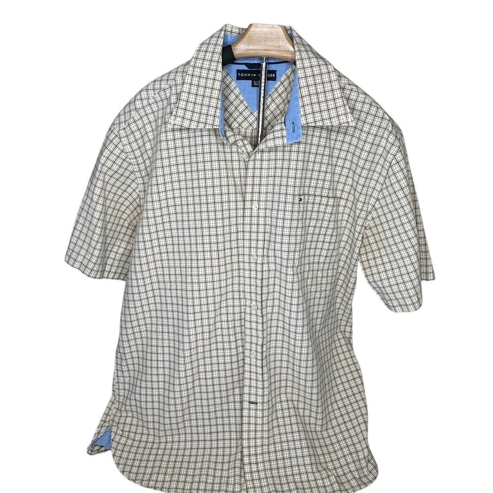 Tommy Hilfinger sz xl beige plaid button up short sleeve shirt